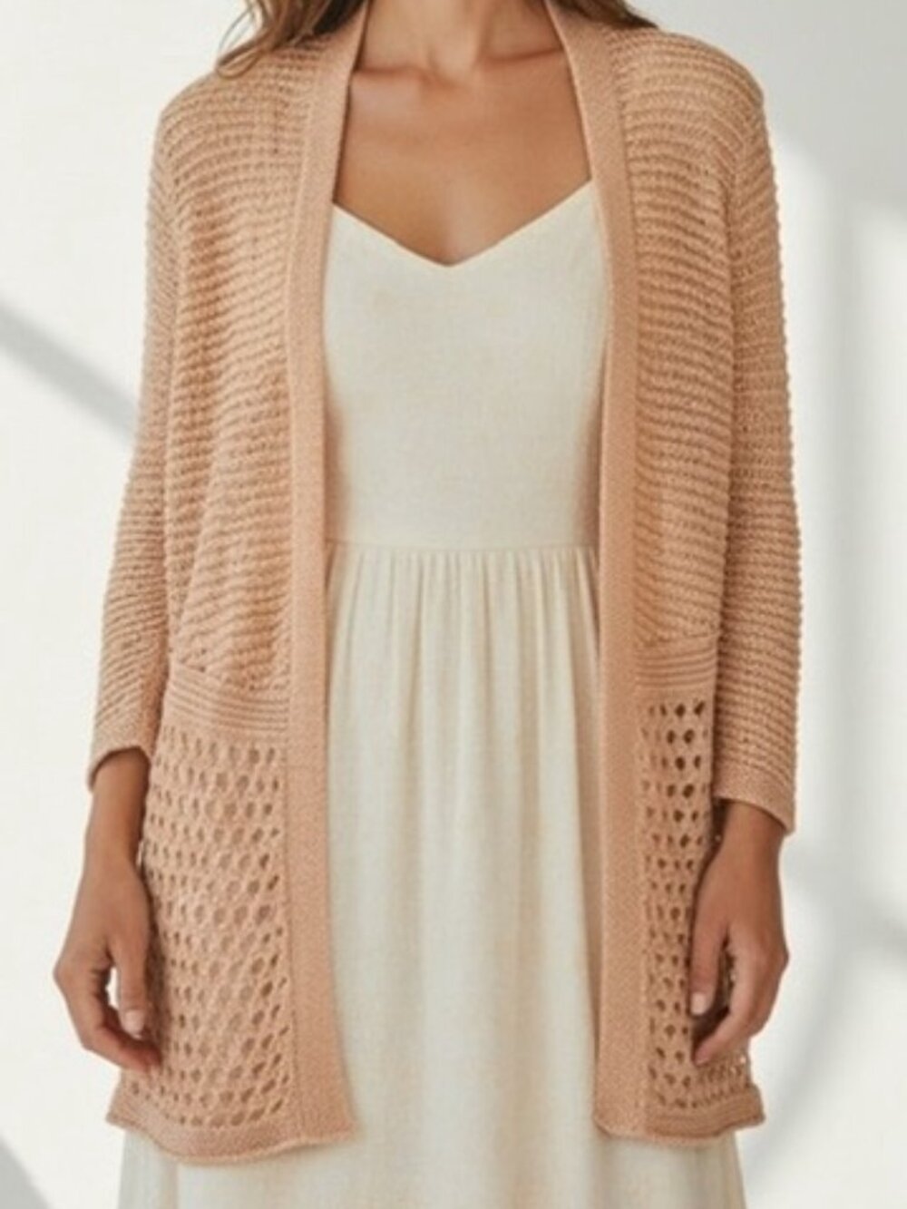 Chico's Travelers Metallic Crochet Open Front Cardigan Peach Gold Sz 2 US L